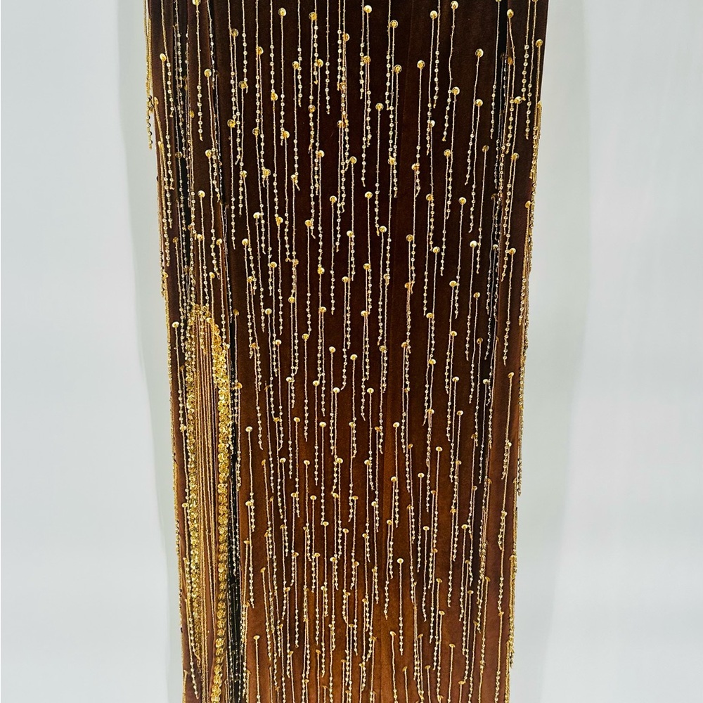 Brown Velvet Top & Shirt w/ Gold Fringe Beading 2 Piece Set Vintage Dance Outfit - Picture 4 of 8